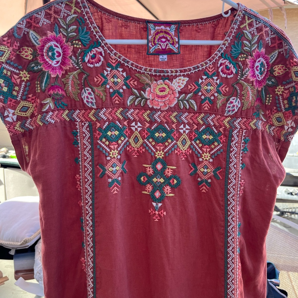 Johnny Was Embroidered Linen Shift Dress